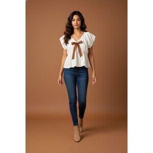 In February Blouse Womens Size L Ivory V-Neck Bubble Sleeve Front Bow Tie